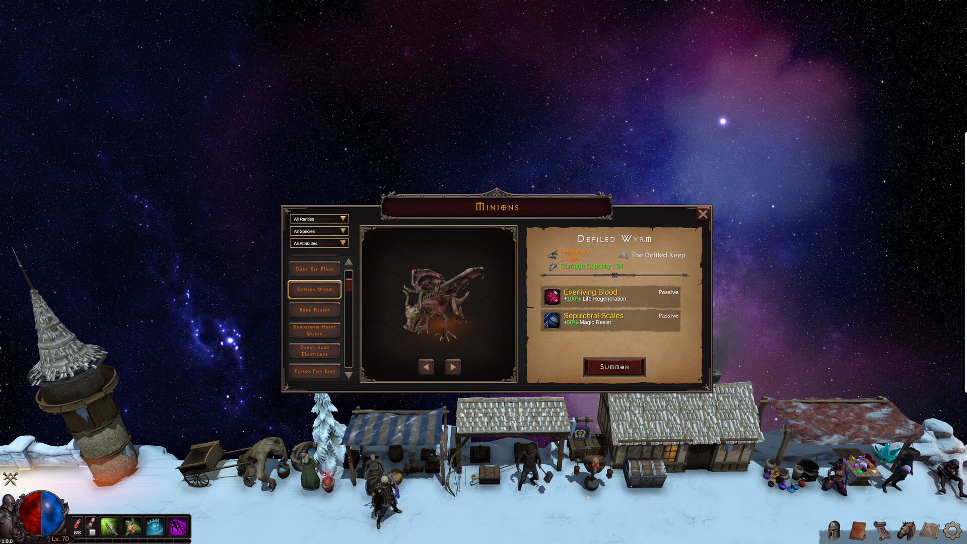 Minions panel displaying Defiled Wyrm, capacity, passive effects and the Summon action.