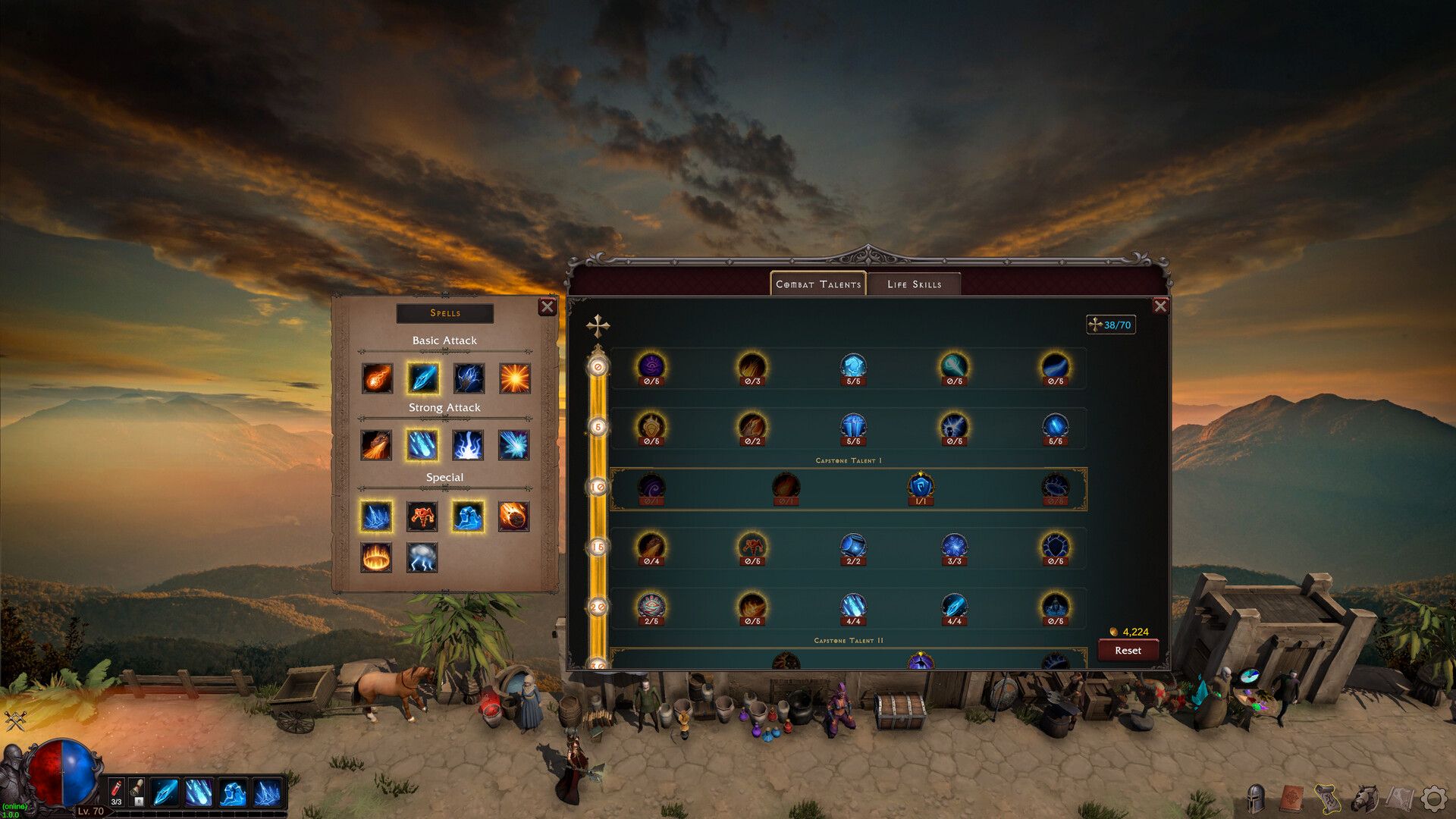 Combat Talents panel with spent-point row markers beside the Sorcerer spell selection panel.