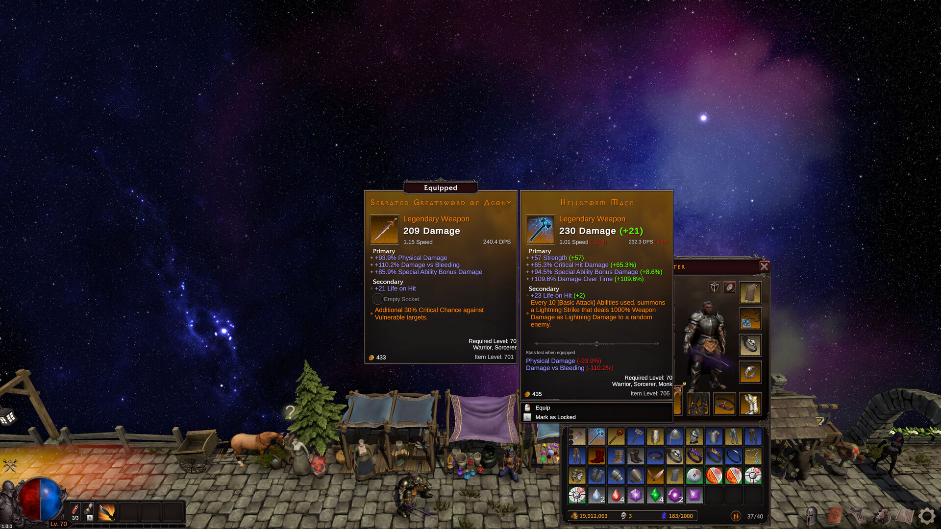 Two weapon comparison tooltips above the inventory, with damage, speed, DPS, conditions and class lines.