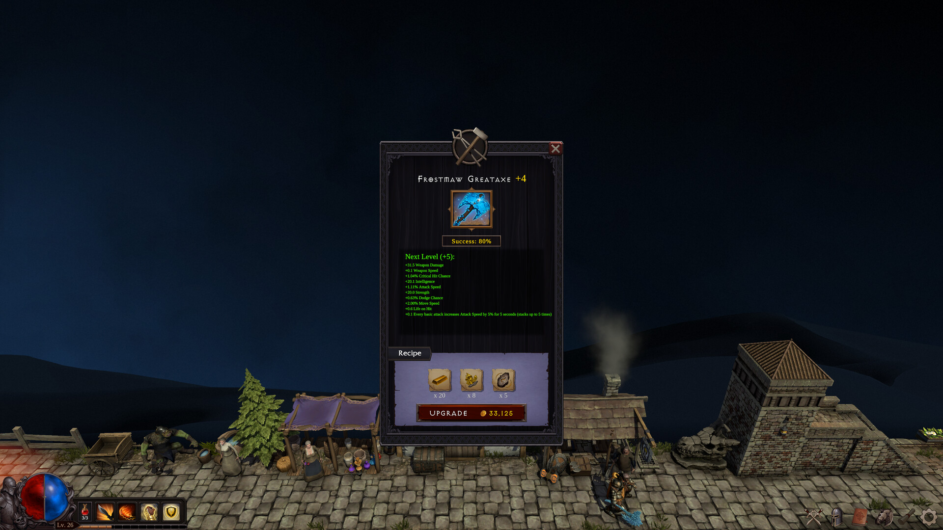 Frostmaw Greataxe upgrade interface with the current +4 item, next +5 attributes, ingredient icons and displayed success chance.
